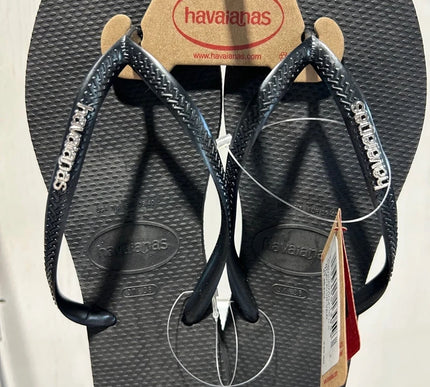 Havaianas Slim Square Logo Metallic Black Silver Sandal Women sizes 35/36-41/42