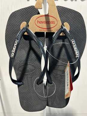 Havaianas Slim Square Logo Metallic Black Silver Sandal Women sizes 35/36-41/42