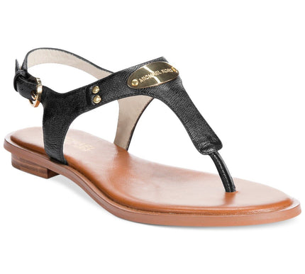 Michael Kors MK Plate Black w 18K Gold Buckle Leather Sandal Women's sizes 5-11!