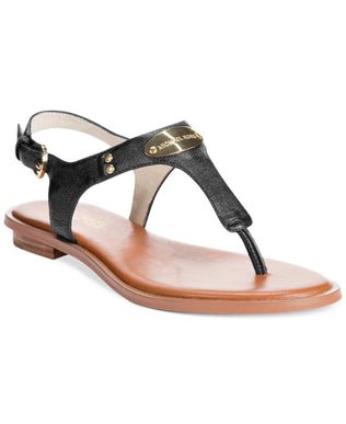 Michael Kors MK Plate Black w 18K Gold Buckle Leather Sandal Women's sizes 5-11!