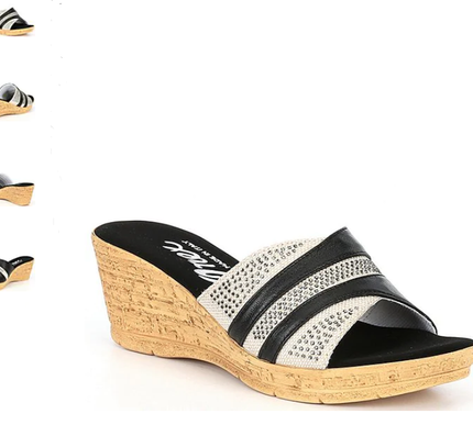 Onex Blanche Linen Slide w/ Stones Black Wedge Sandal Women's sizes 5-11/NEW!!!
