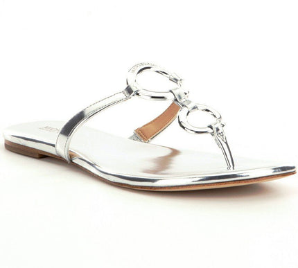 Michael Kors Claudia Flat Silver Thong Leather Sandal Women sizes 6,6.5,7.5 NEW!
