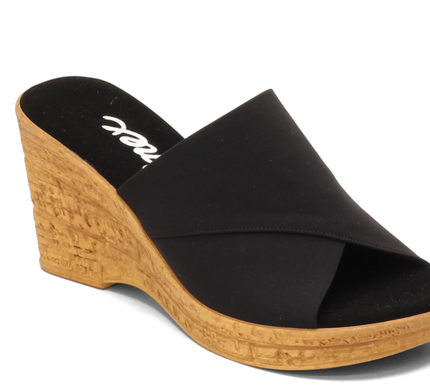 Onex Christina Black Elastic on Cork Wedge Sandal Women's sizes 5-11/NEW!!!