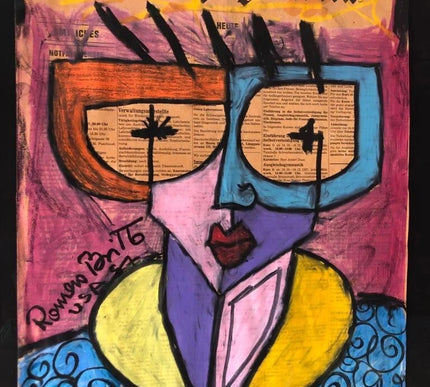 Romero Britto Original Painting Vintage 1987 Signed on Newspaper 18"x12" w COA