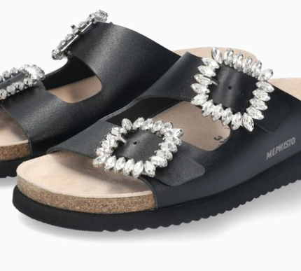 Mephisto Hazina Black Waxy w Rhinestones Slide Sandal Women's sizes 35-42 NEW!!!