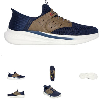SKECHERS Slade Caster Navy/Tan Relaxed Fit Sneaker Shoe Men's sizes 7-14/NEW!!
