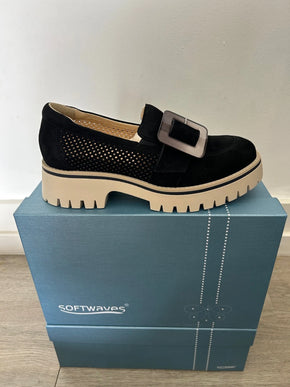 Softwaves Vana Black Suede Platform Slip-on Loafer Women EU sizes 36-41/US 6-11