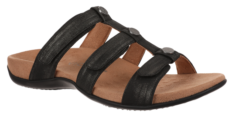 Vionic Amber Slide Black Metallic Strappy Comfort Sandal Women's sizes 5-11 NEW!